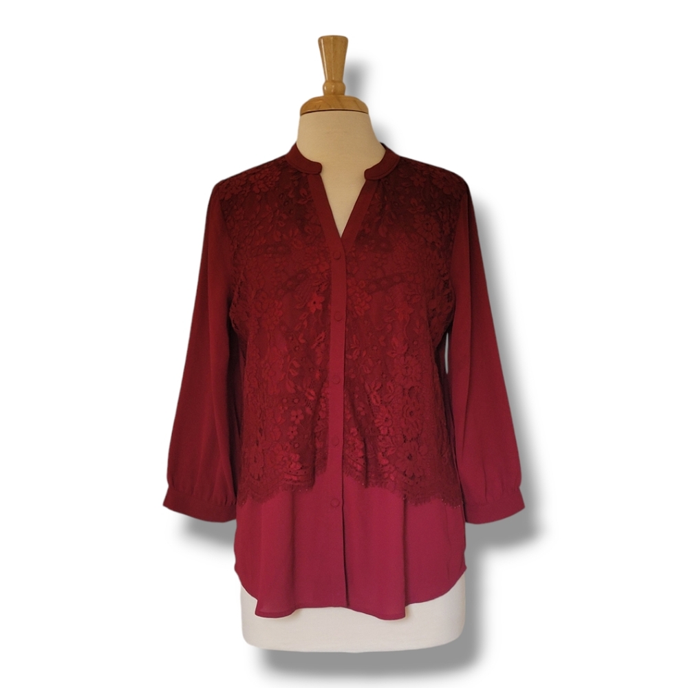 Karl Lagerfeld V-Neck, Button Down Lace Fronted Blouse. Red. Size Medium